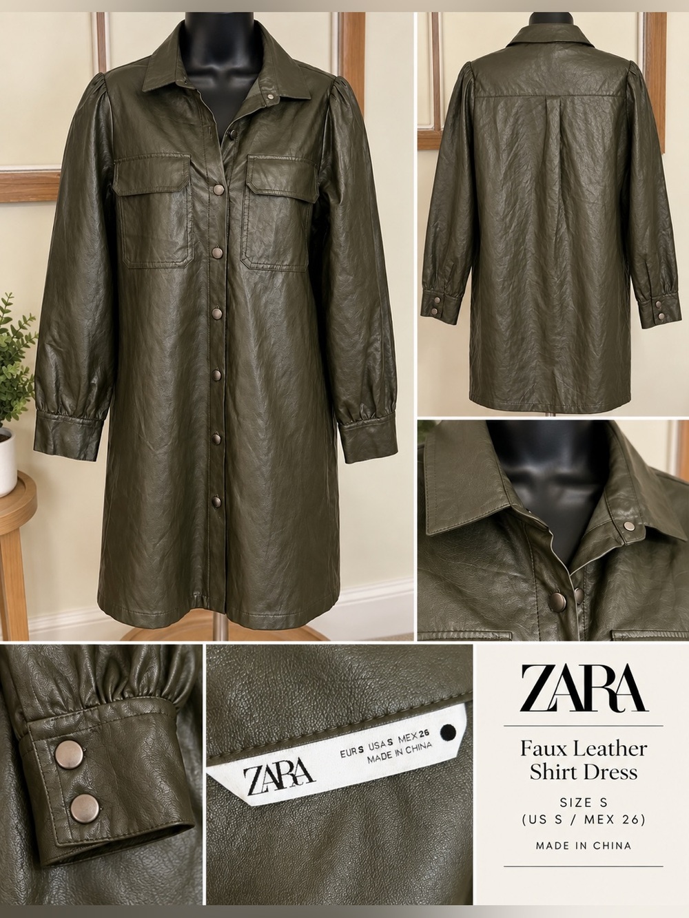 Zara Olive Faux Leather Shirt Jacket Dress
